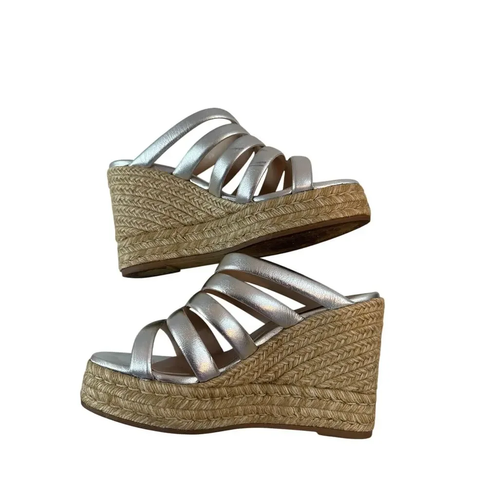Stuart Weitzman Lilyana Espadrille Wedge in Silver Napa, 8 Wide